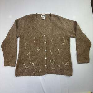 Garland Vintage Silk Angora Blend Beaded Floral Cardigan Sweater Brown Size M